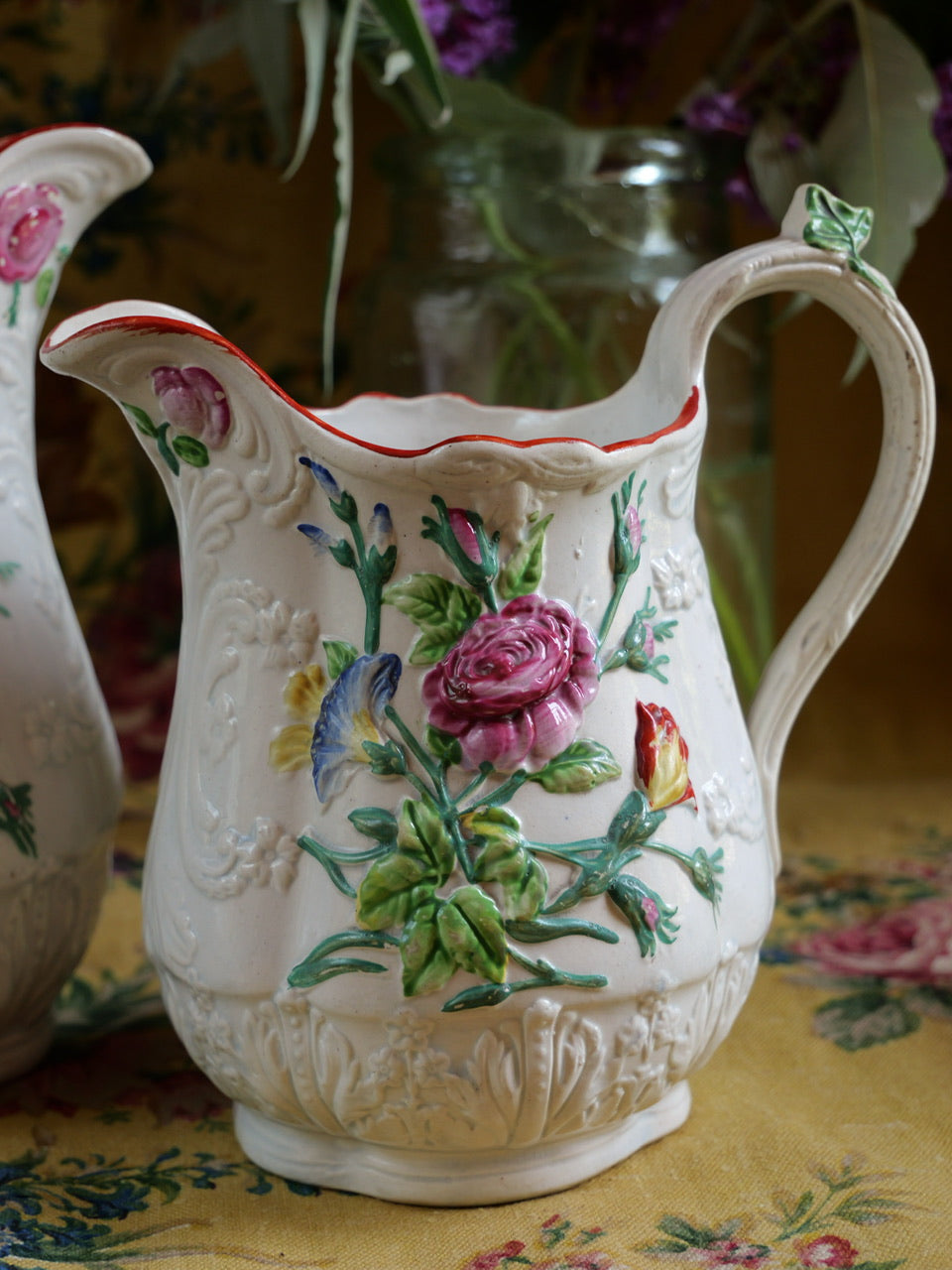 Pair of Antique Staffordshire Floral Relief Jugs