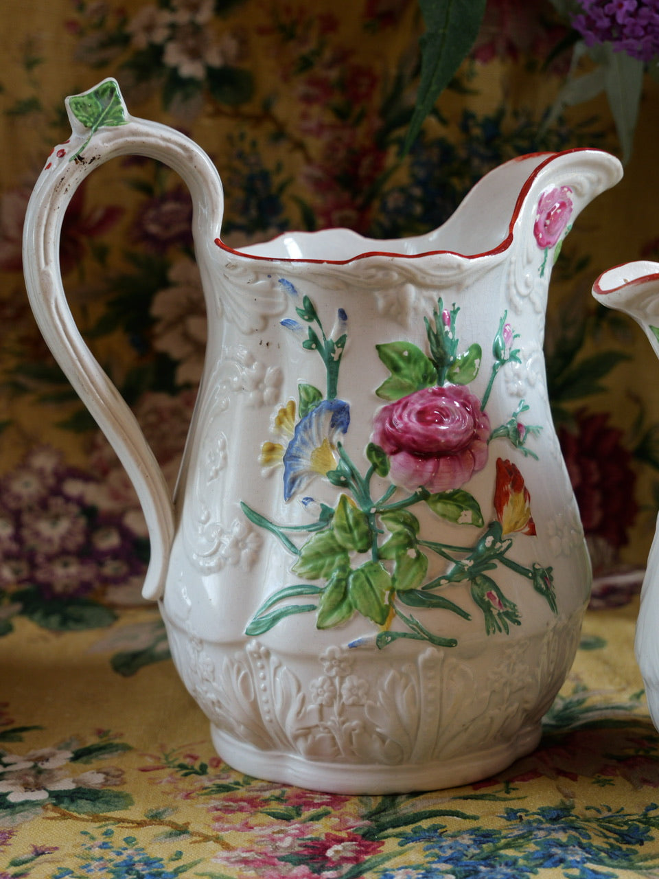 Pair of Antique Staffordshire Floral Relief Jugs