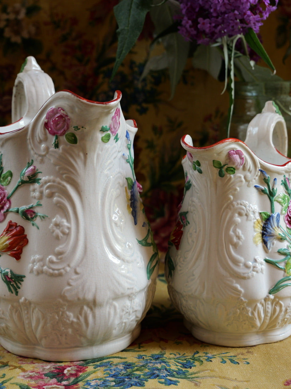 Pair of Antique Staffordshire Floral Relief Jugs