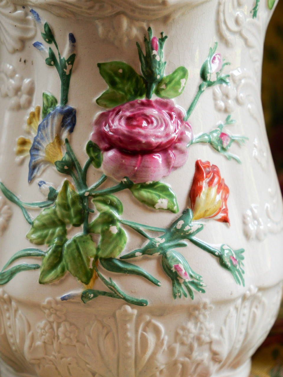 Pair of Antique Staffordshire Floral Relief Jugs