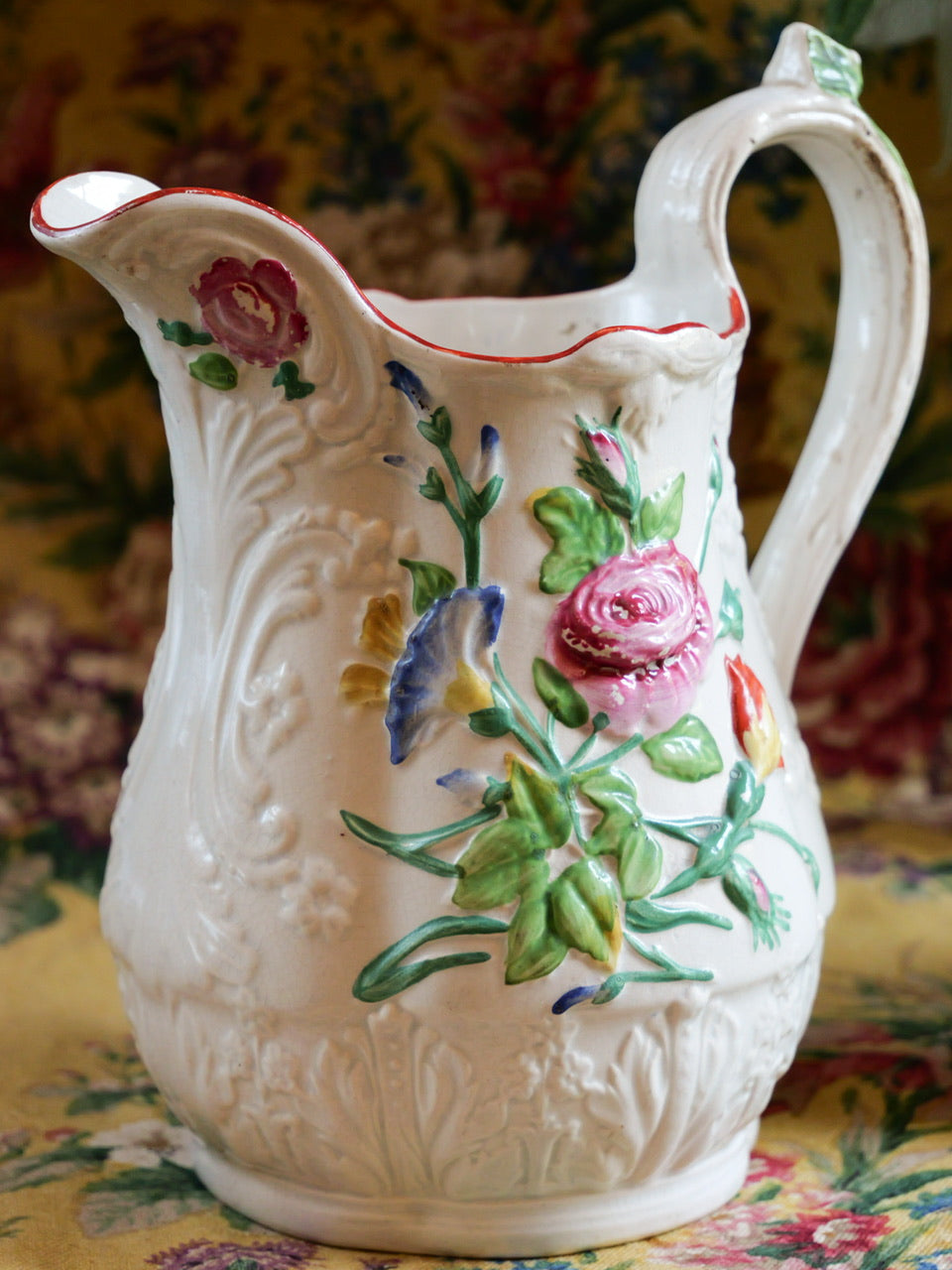 Pair of Antique Staffordshire Floral Relief Jugs