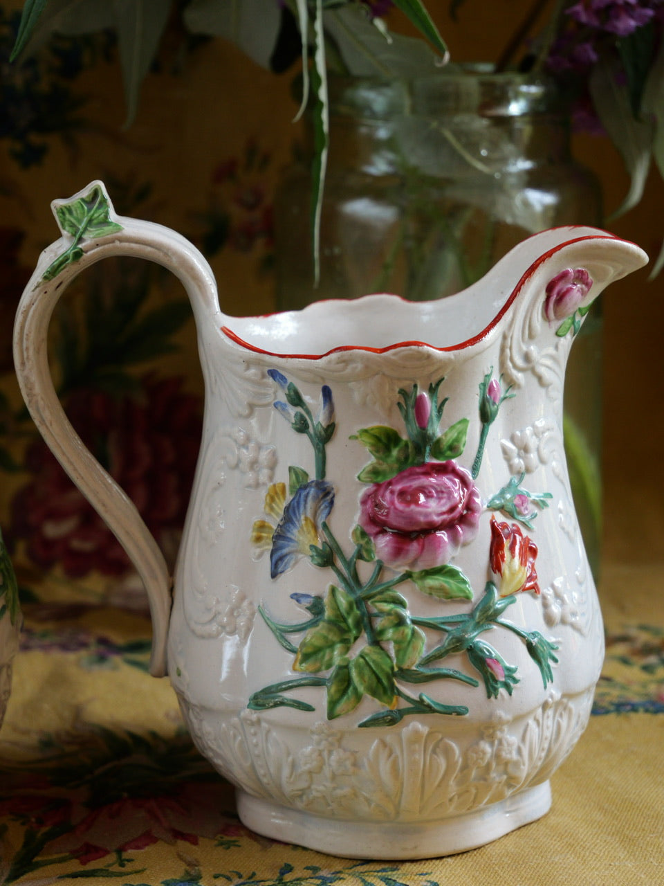 Pair of Antique Staffordshire Floral Relief Jugs