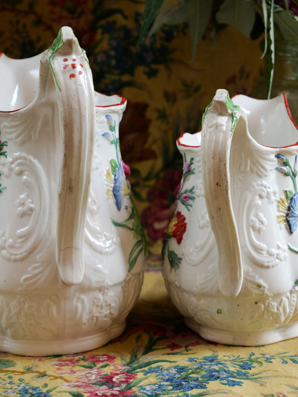 Pair of Antique Staffordshire Floral Relief Jugs