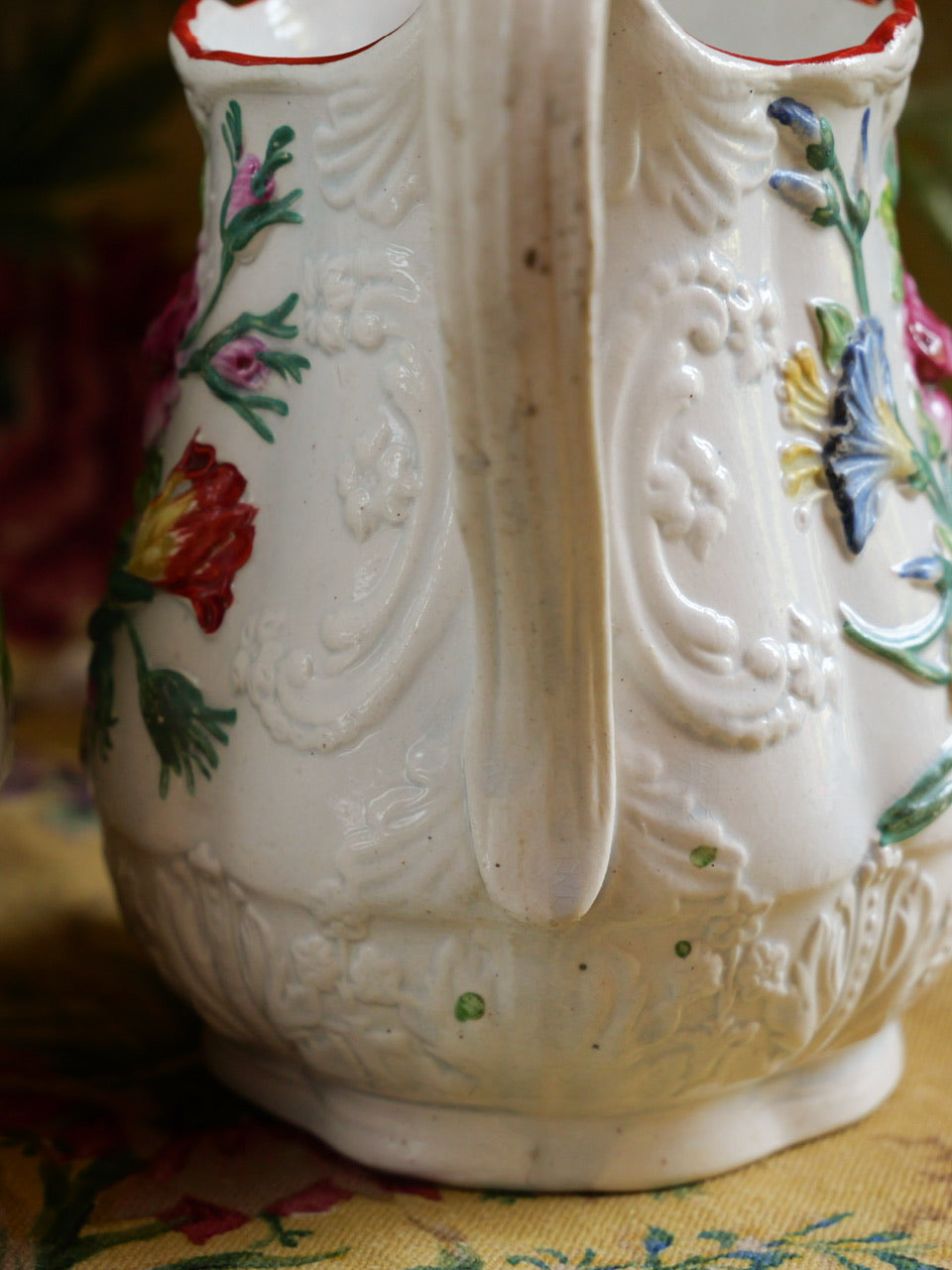 Pair of Antique Staffordshire Floral Relief Jugs