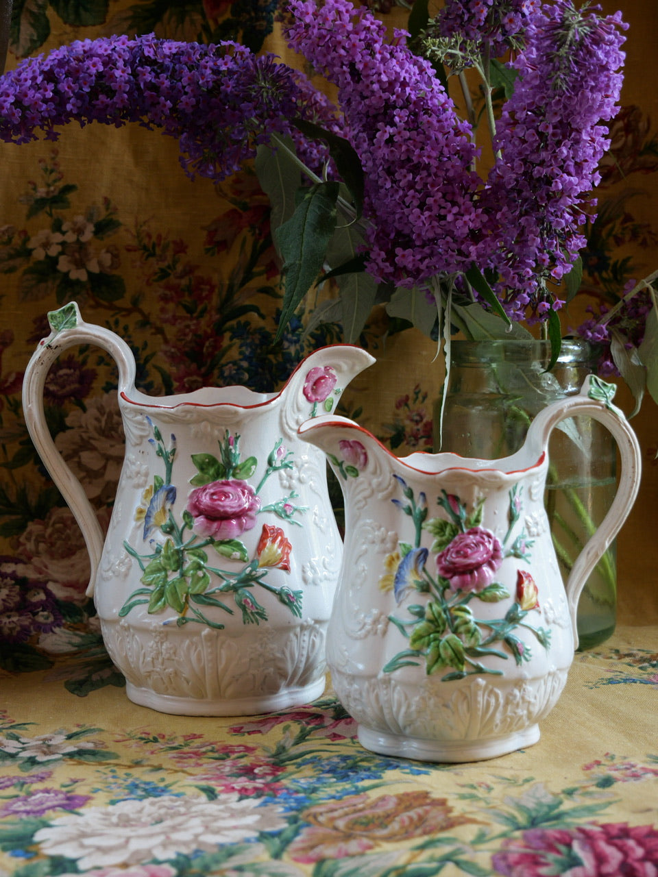 Pair of Antique Staffordshire Floral Relief Jugs