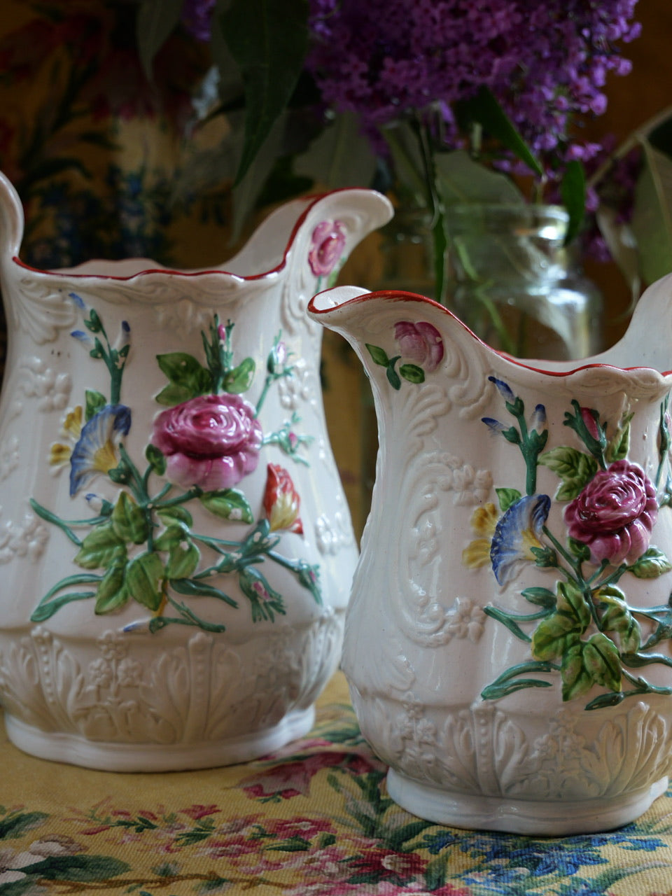 Pair of Antique Staffordshire Floral Relief Jugs