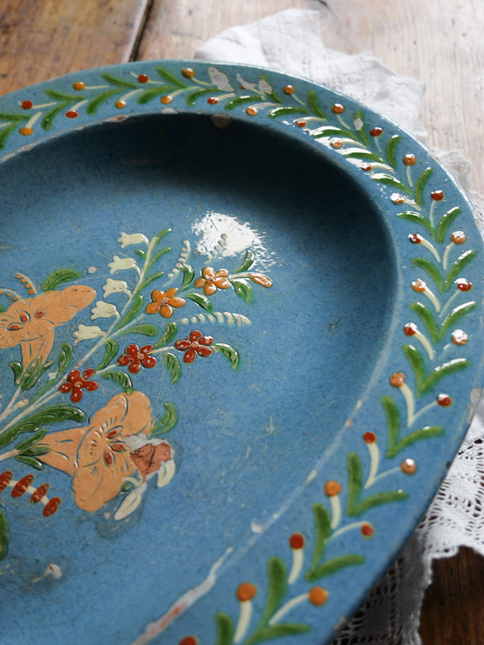 Rustic Antique Hand Painted Floral Folk Art Platter