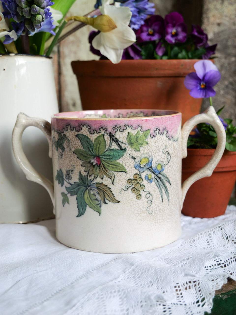 19th Century Double Handled Floral Mug