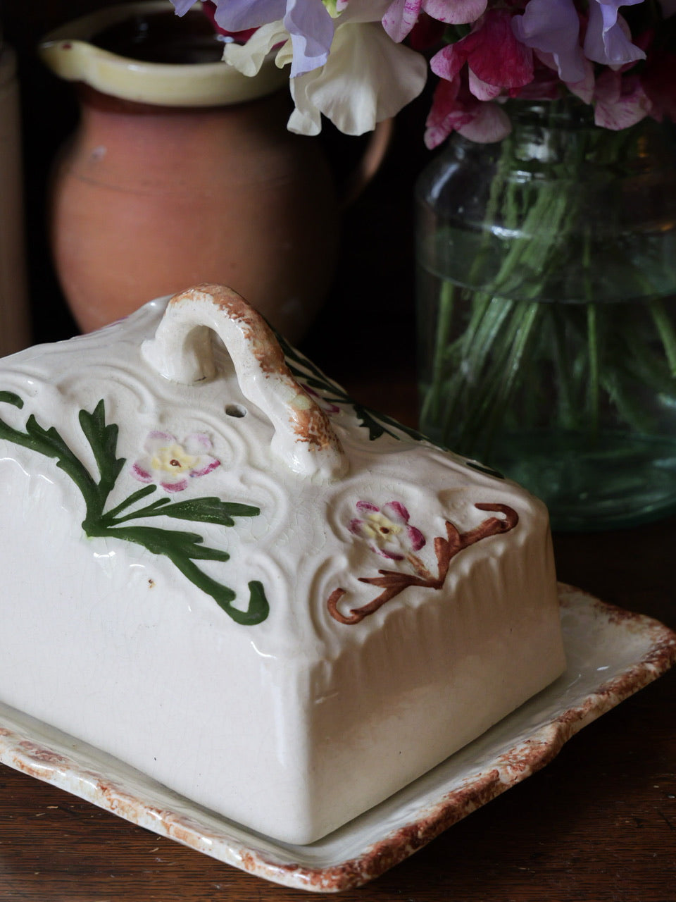 Antique Spongeware Floral Cheese Dish