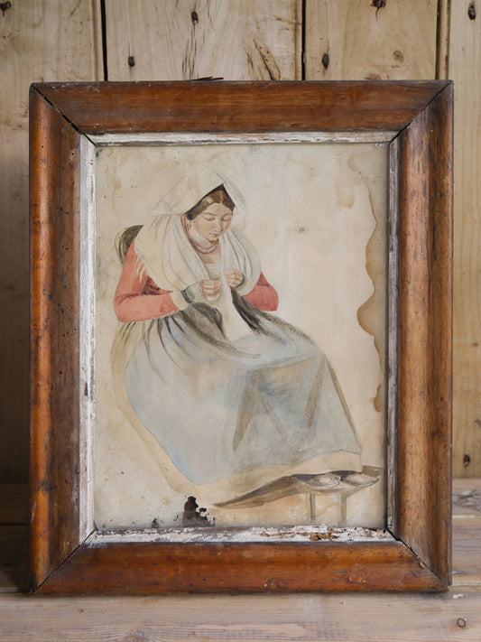 Antique Watercolour Painting - Lady Stitching