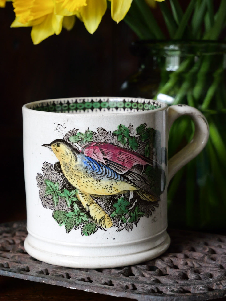 19th Century Hand Coloured Bird Mug