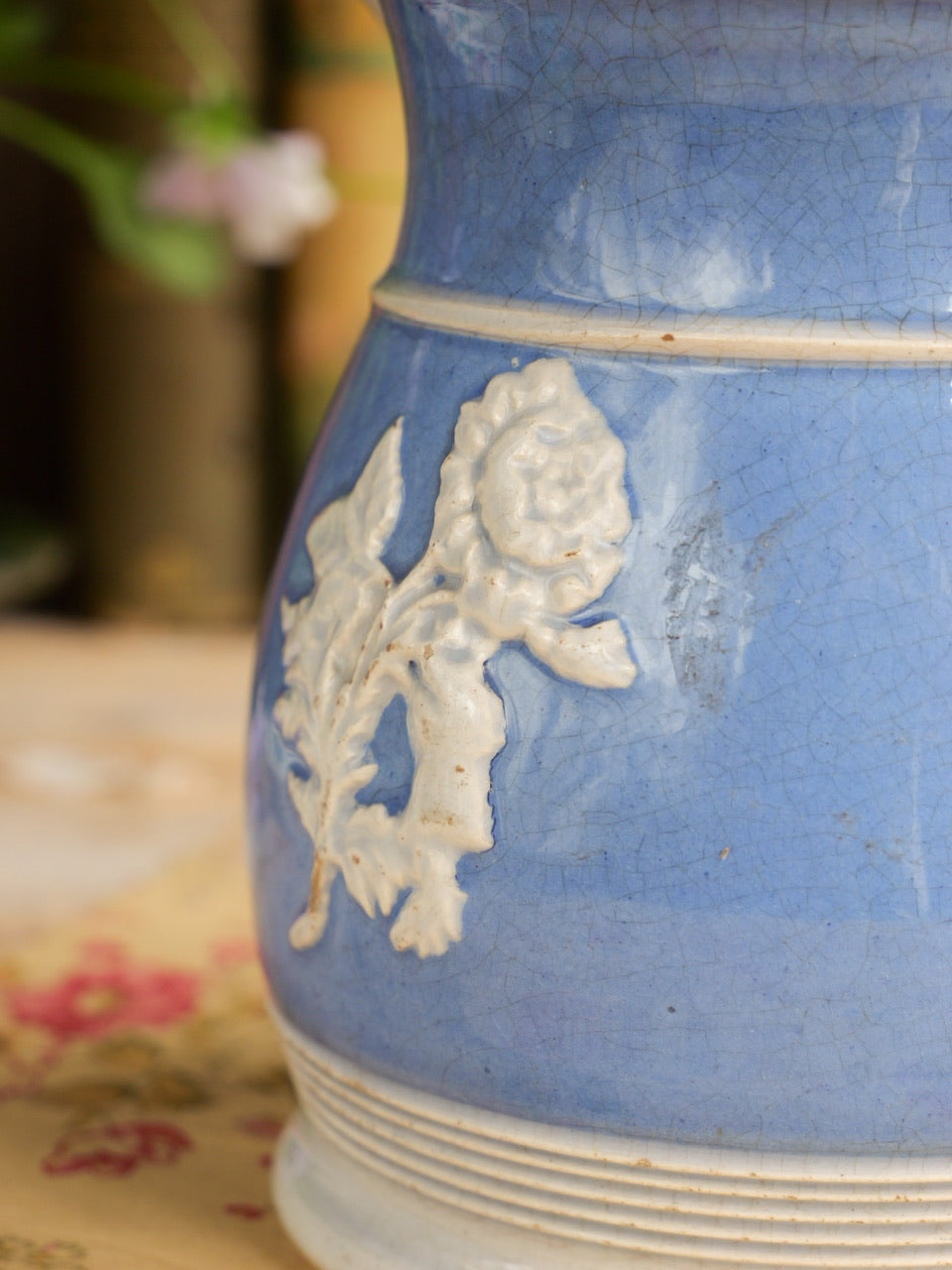 Antique Blue Relief Moulded Floral Sprig Jug