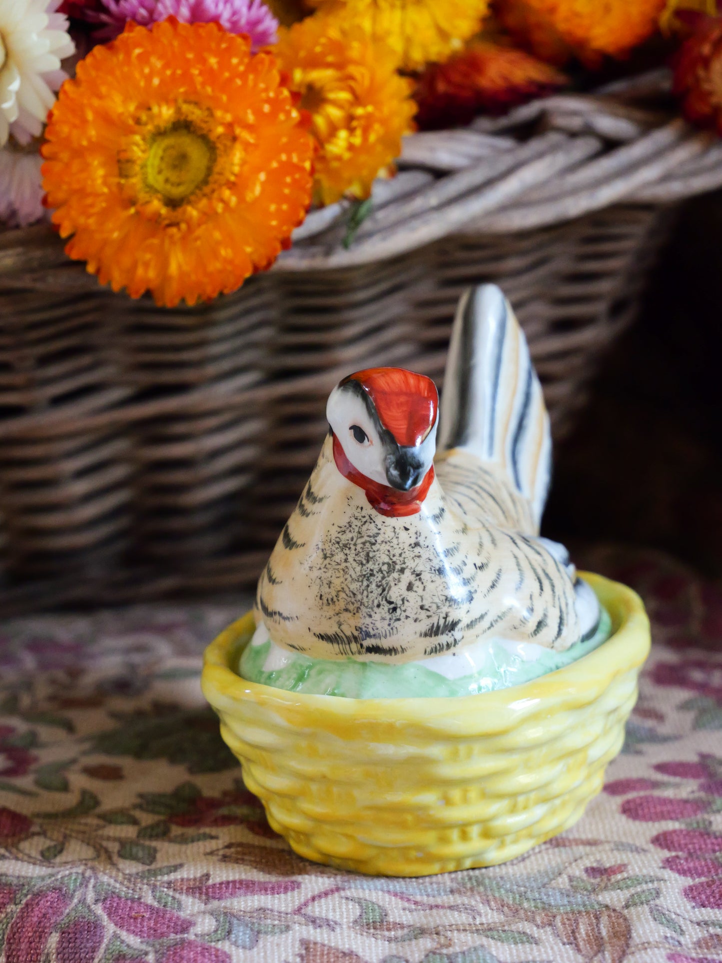Tiny Antique Staffordshire Hand Painted Hen Basket Tureen