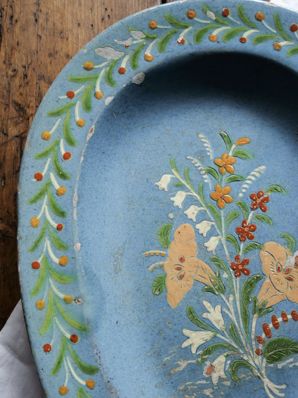 Rustic Antique Hand Painted Floral Folk Art Platter