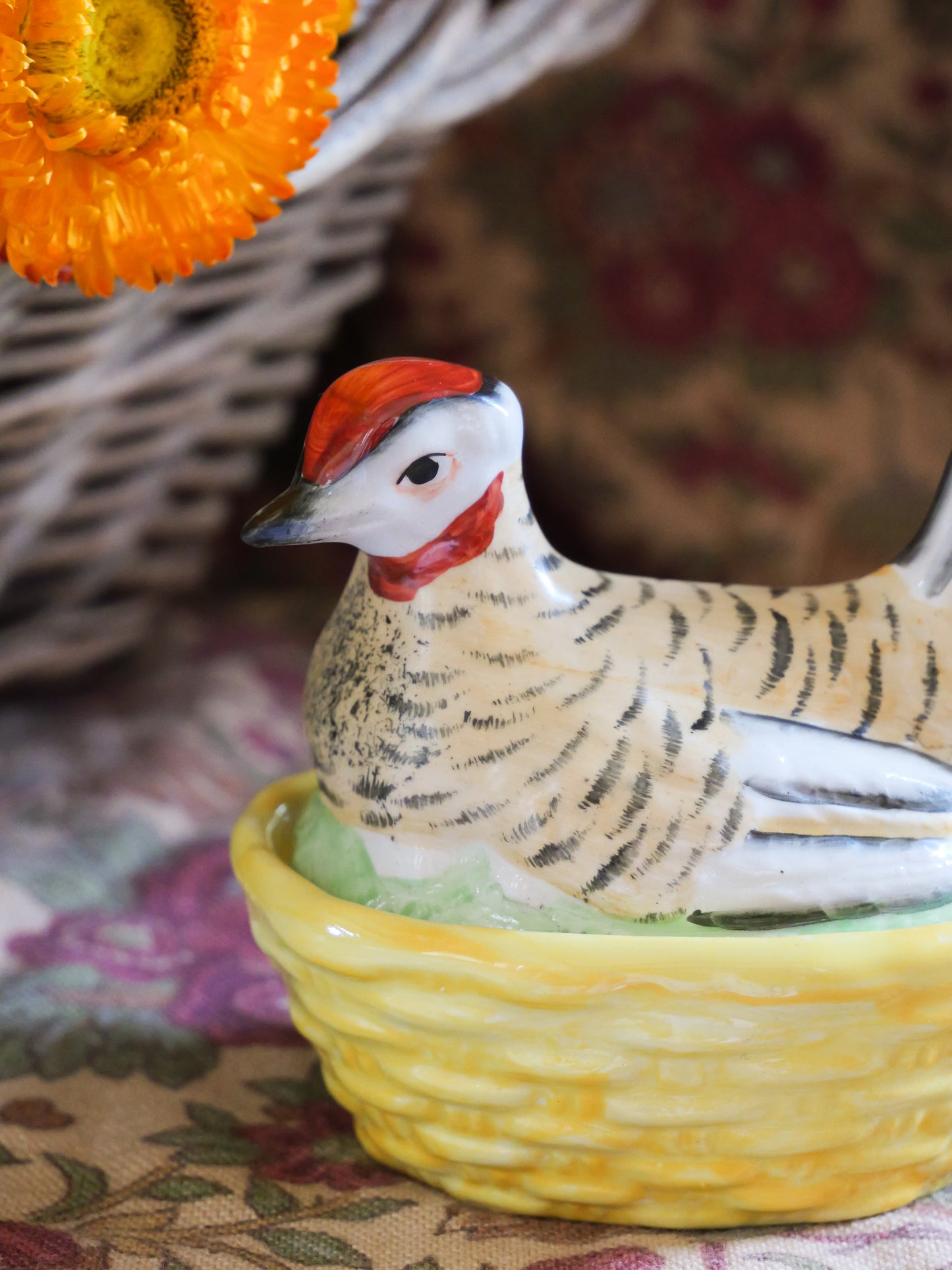 Tiny Antique Staffordshire Hand Painted Hen Basket Tureen