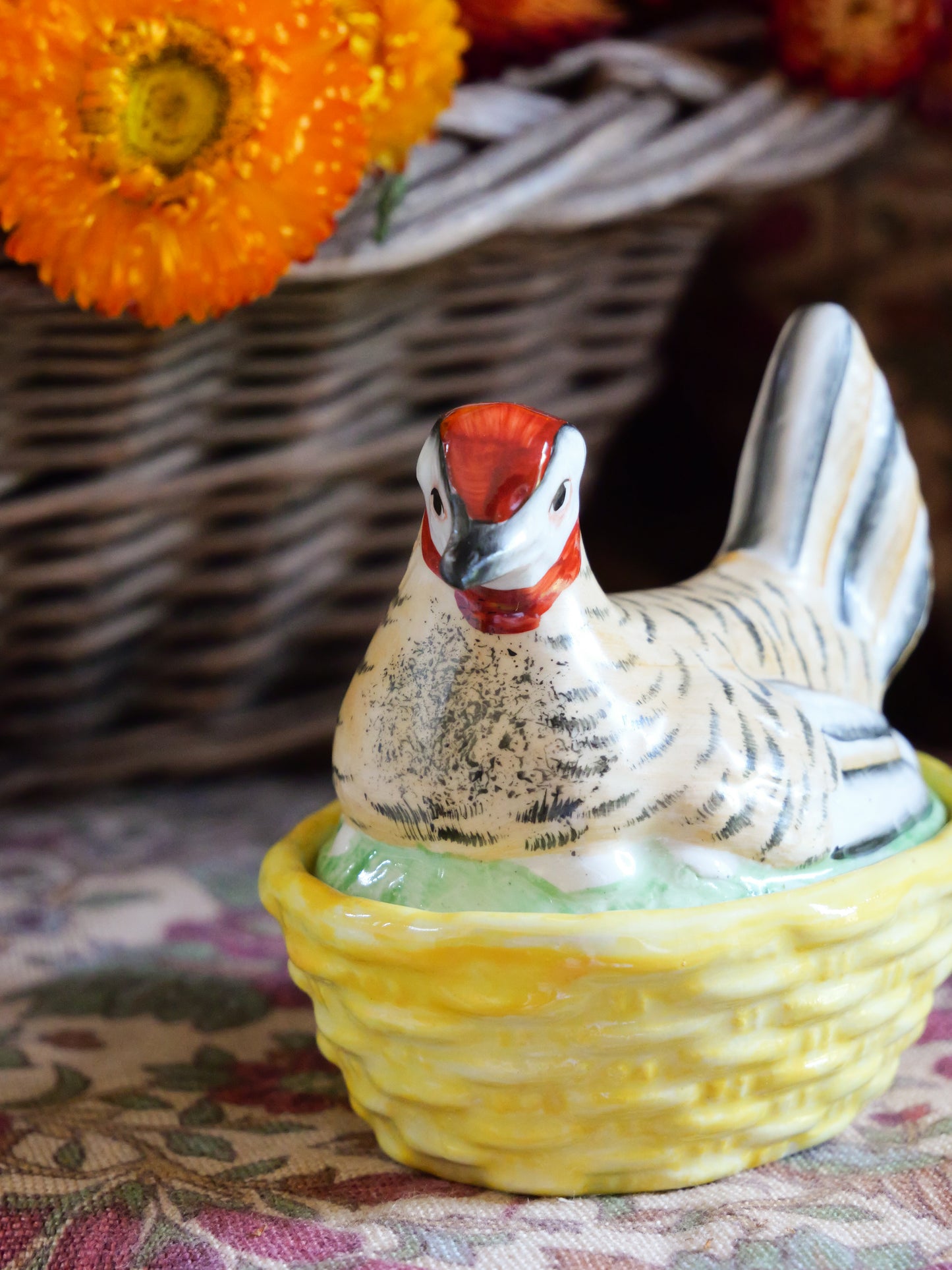 Tiny Antique Staffordshire Hand Painted Hen Basket Tureen
