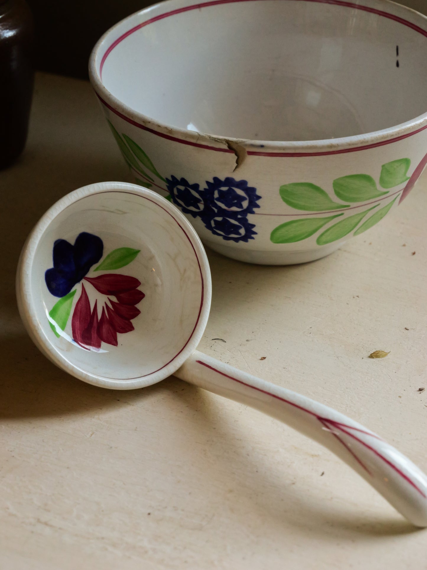 Antique Spongeware Cawl Bowl With Spoon