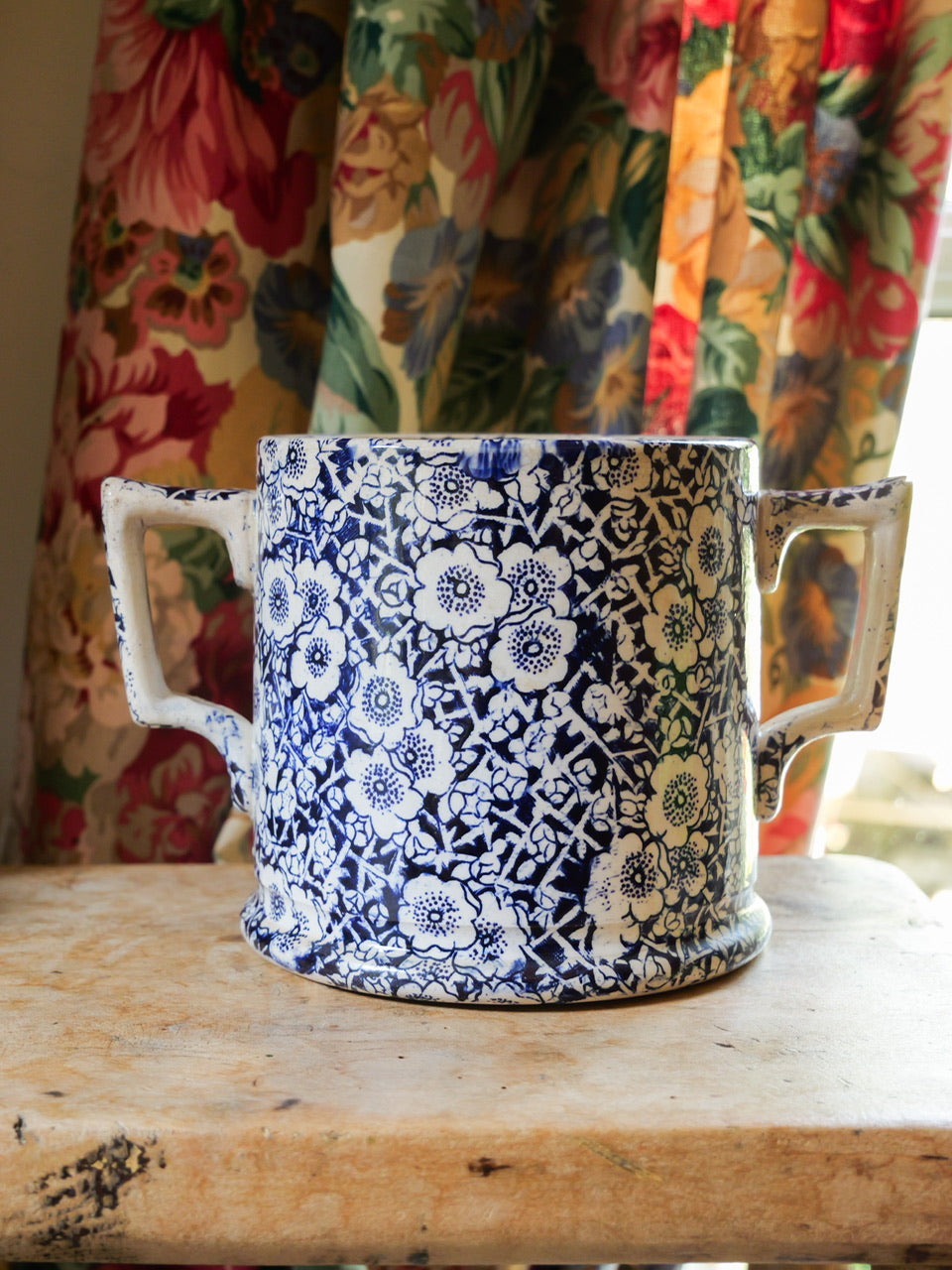 19th Century Blue Calico Transferware Loving Cup