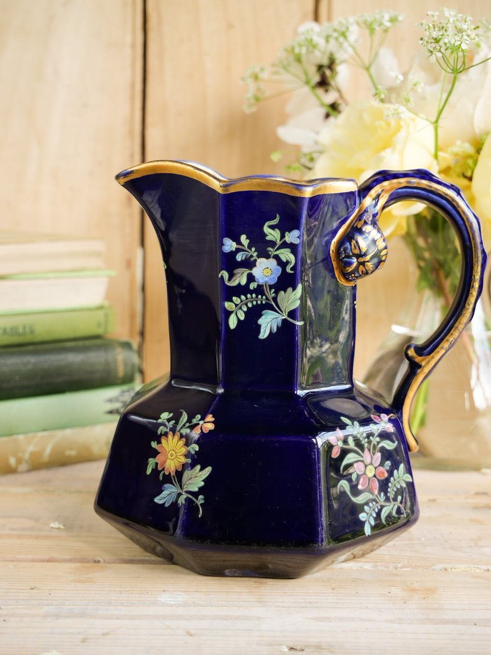 Deep Blue Georgian Enamel Painted Floral Hydra Jug