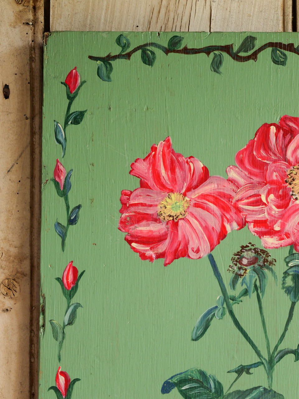 Vintage Folk Style ‘Peony’ Painted Wood Panel