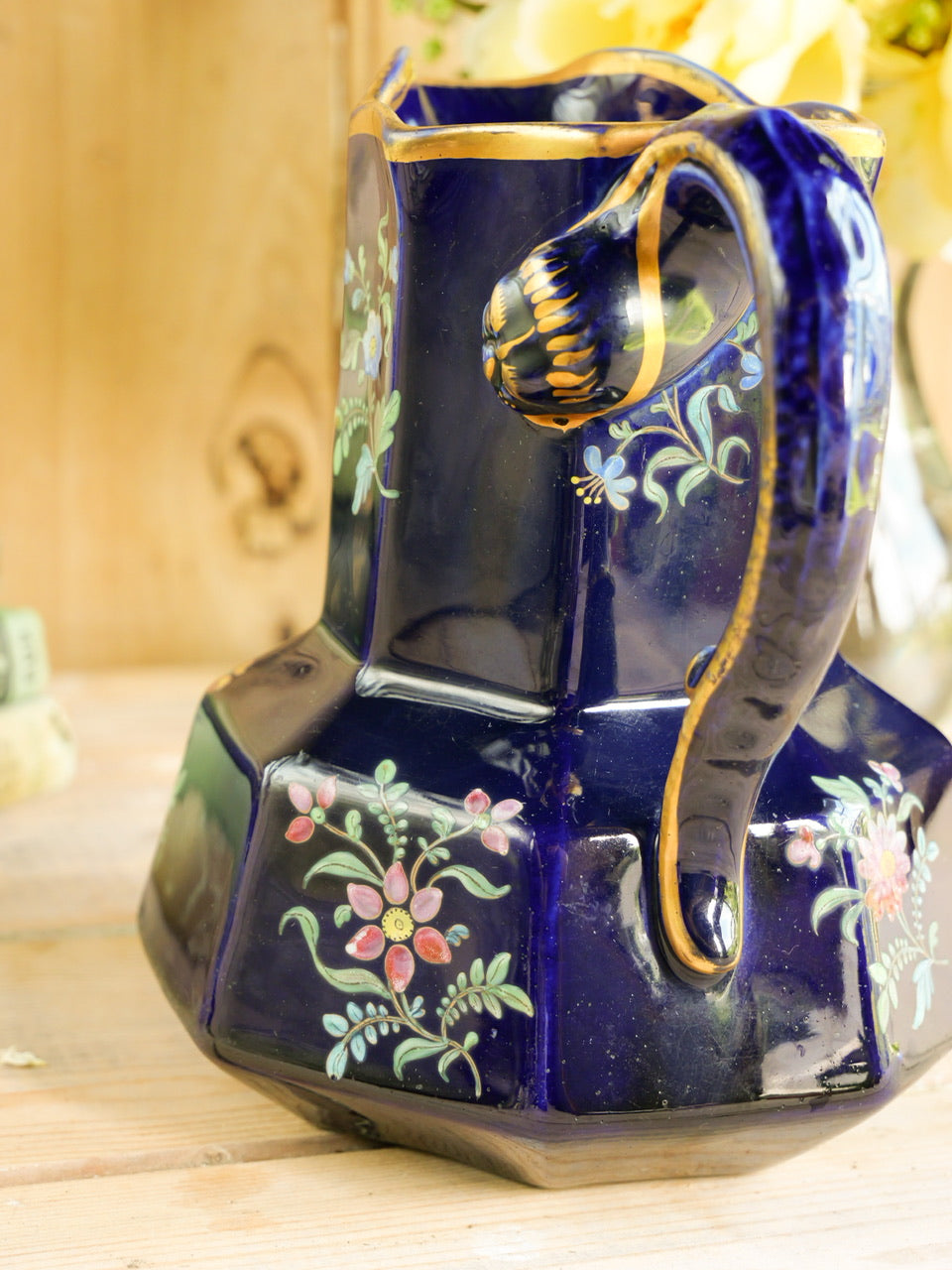Deep Blue Georgian Enamel Painted Floral Hydra Jug
