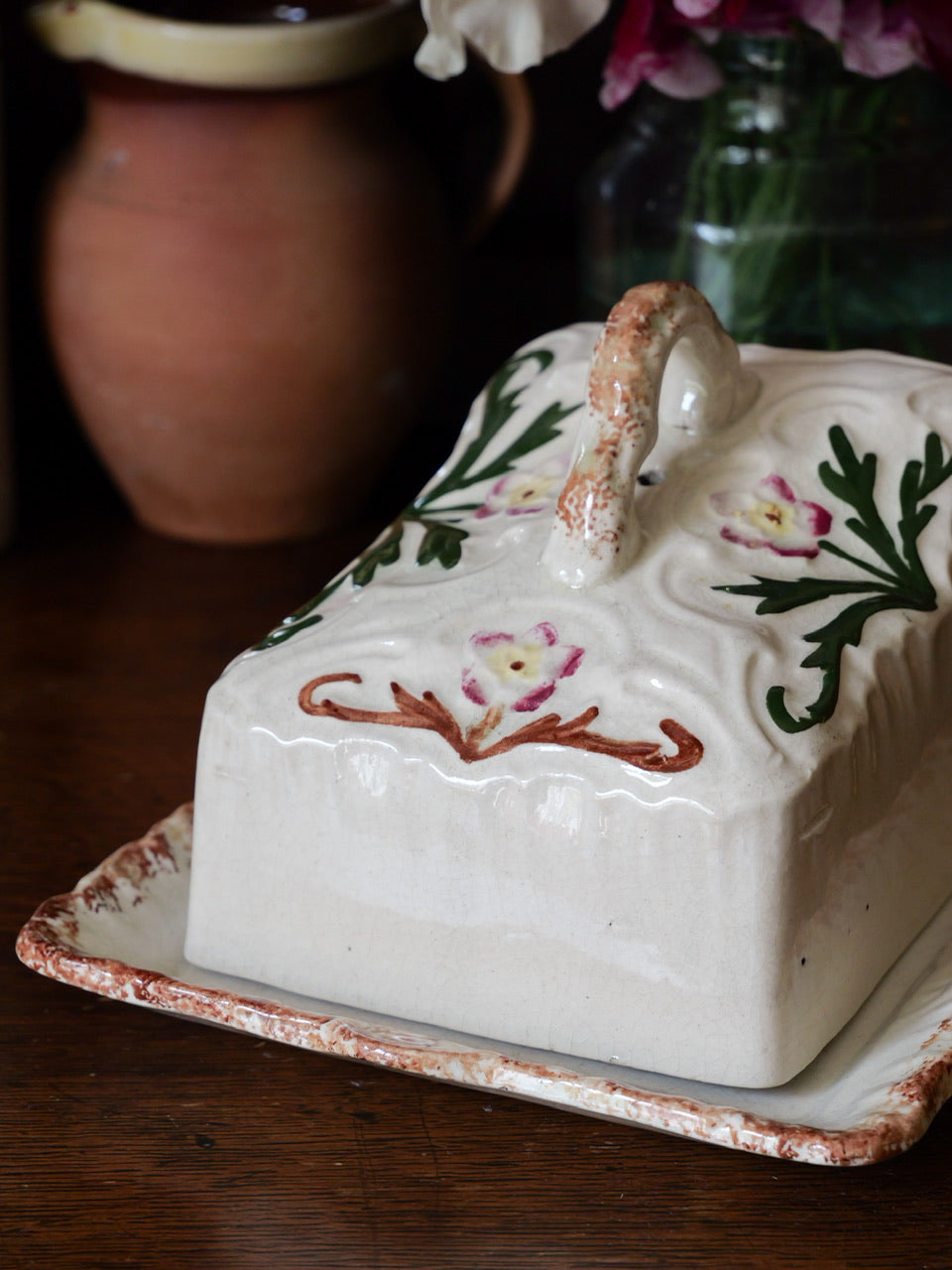 Antique Spongeware Floral Cheese Dish