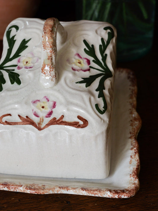 Antique Spongeware Floral Cheese Dish