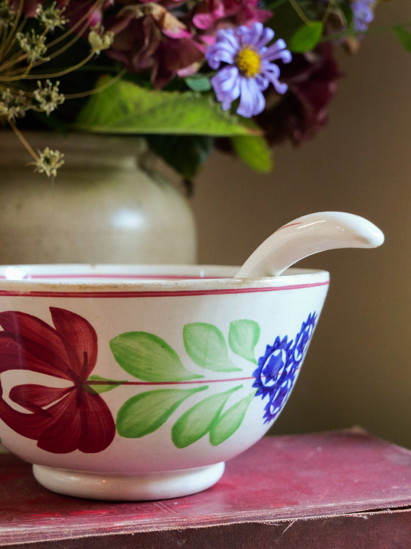 Antique Spongeware Cawl Bowl With Spoon