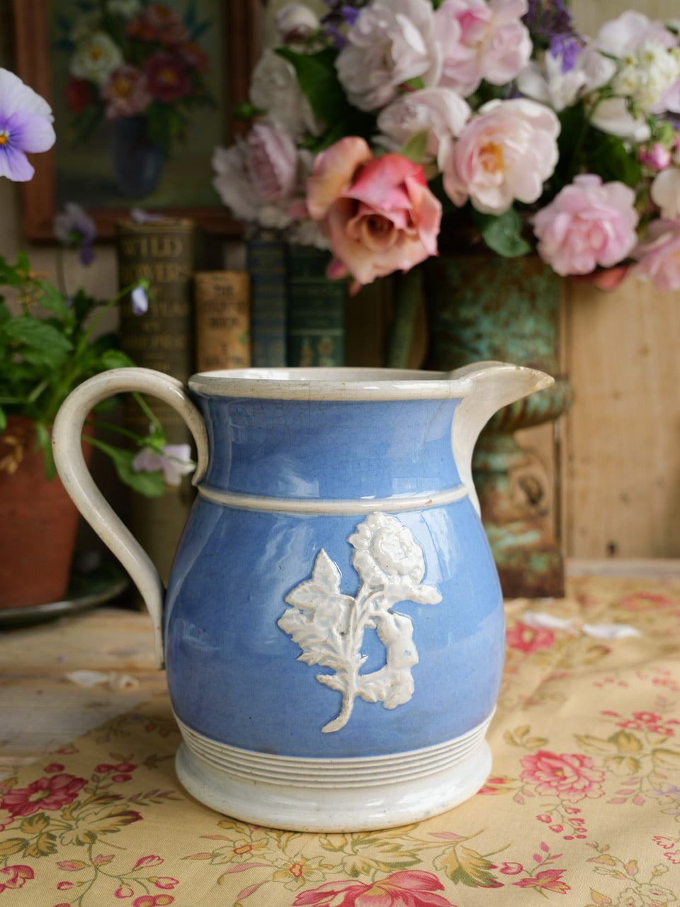 Antique Blue Relief Moulded Floral Sprig Jug