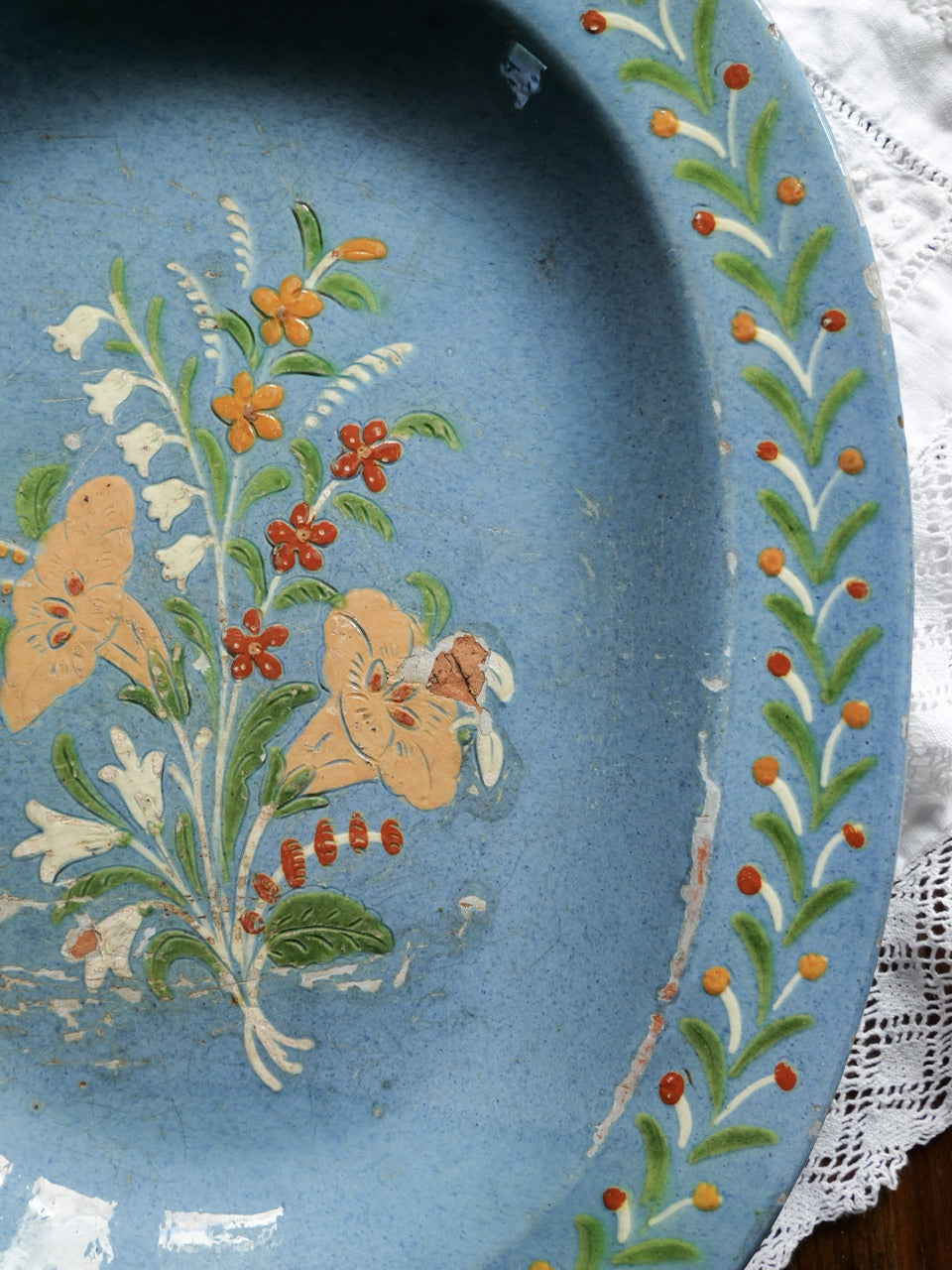 Rustic Antique Hand Painted Floral Folk Art Platter