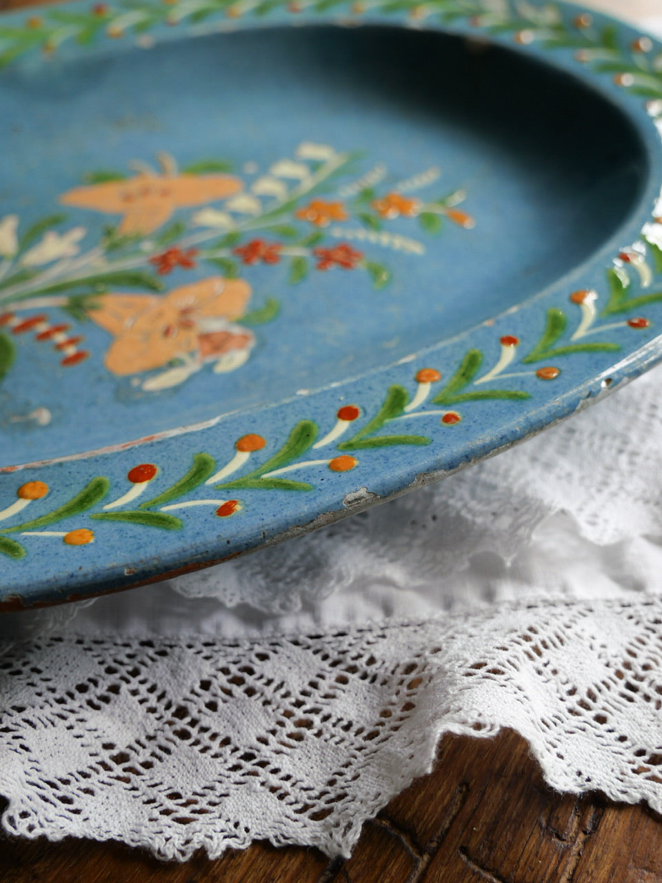 Rustic Antique Hand Painted Floral Folk Art Platter