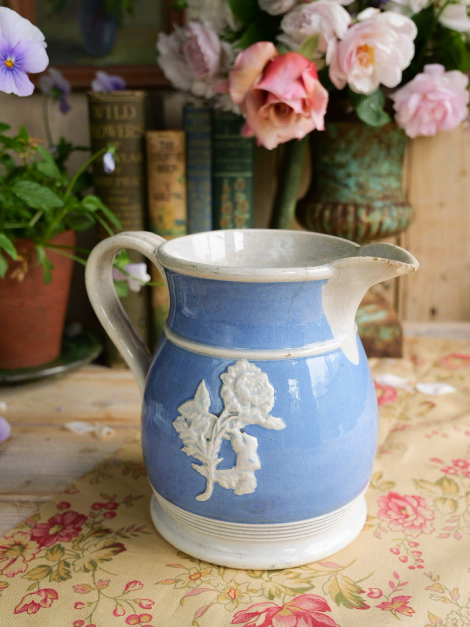Antique Blue Relief Moulded Floral Sprig Jug