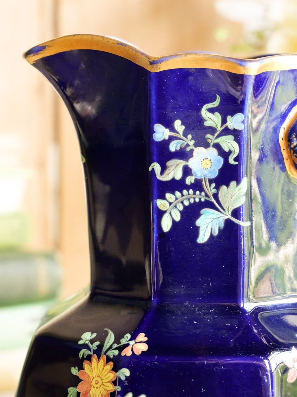 Deep Blue Georgian Enamel Painted Floral Hydra Jug