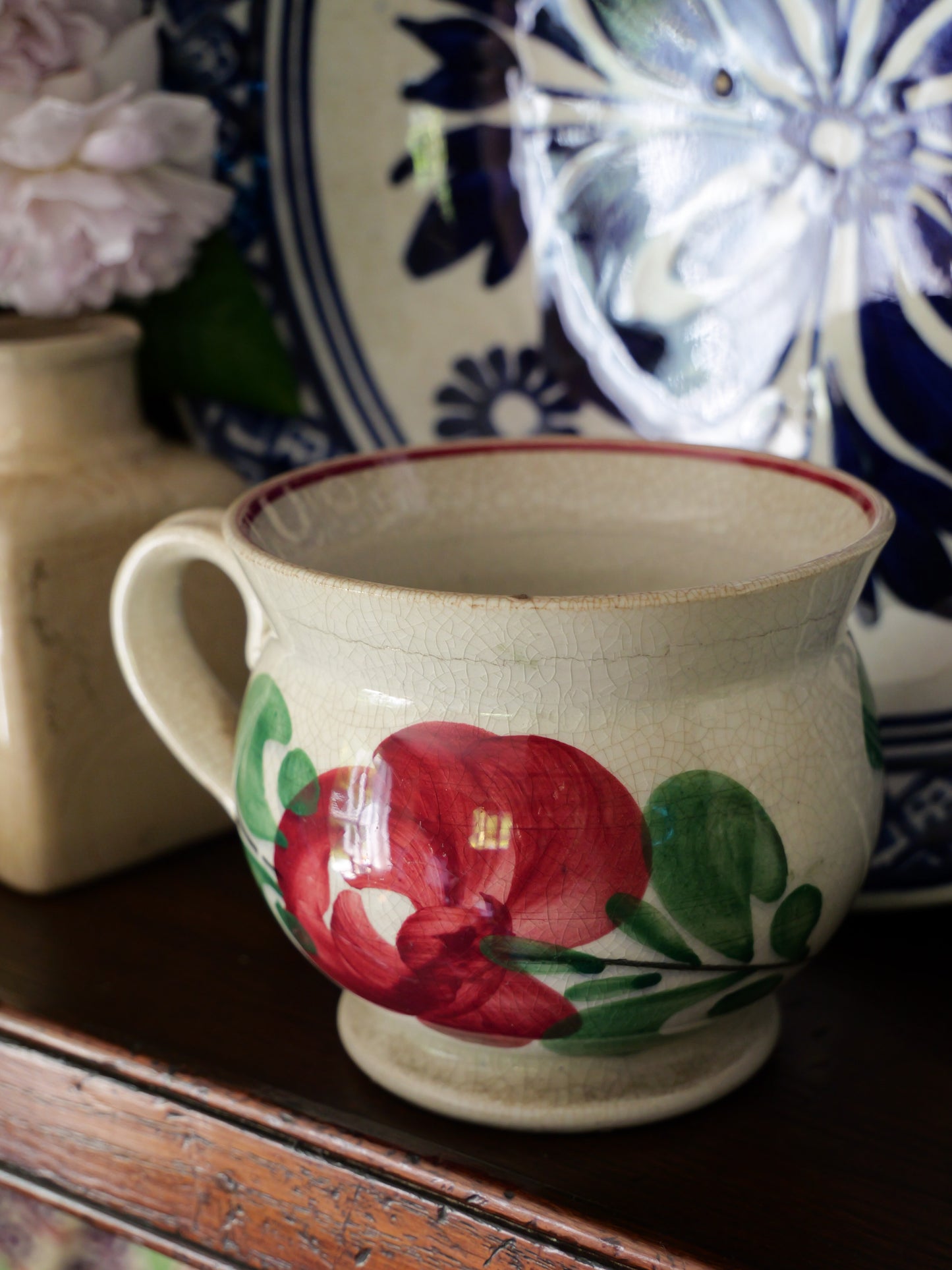 Antique Welsh Spongeware Rose Pattern Mug
