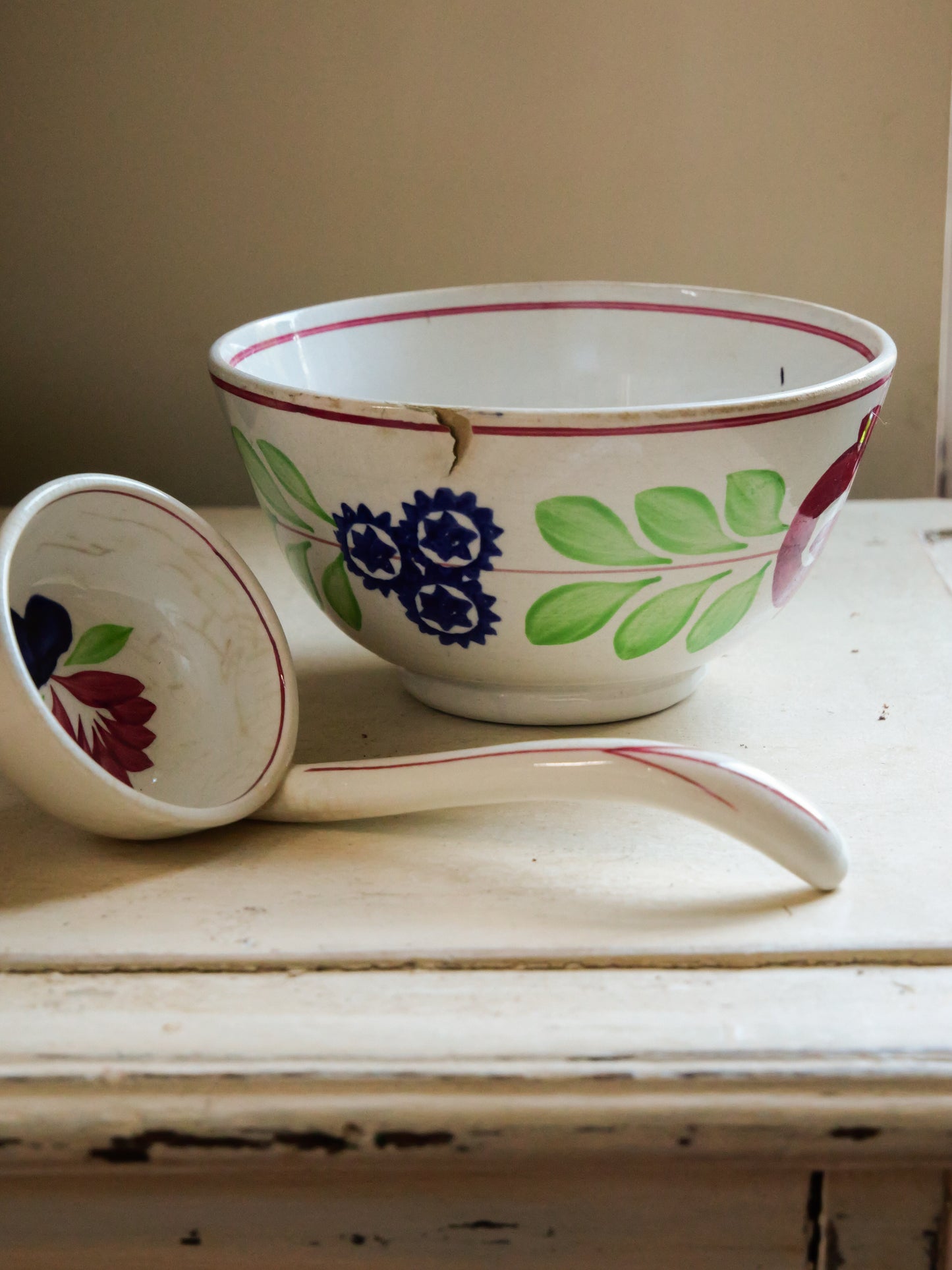 Antique Spongeware Cawl Bowl With Spoon
