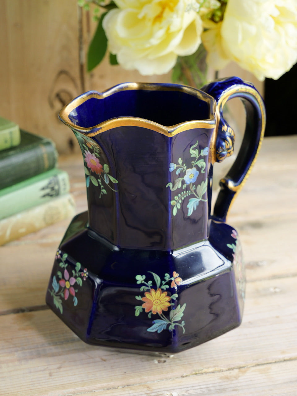 Deep Blue Georgian Enamel Painted Floral Hydra Jug