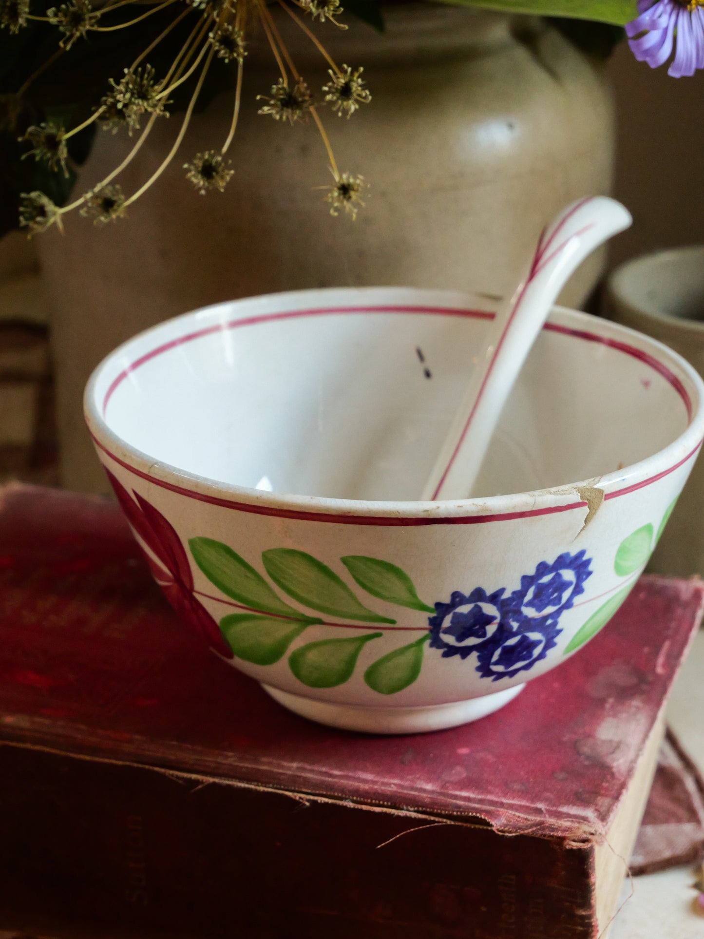 Antique Spongeware Cawl Bowl With Spoon