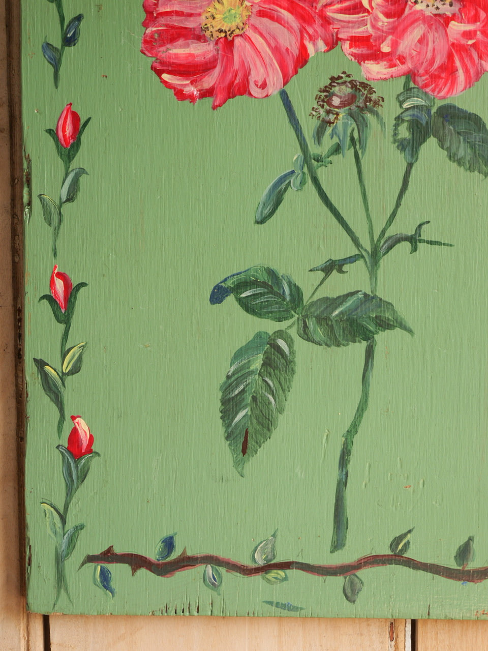 Vintage Folk Style ‘Peony’ Painted Wood Panel