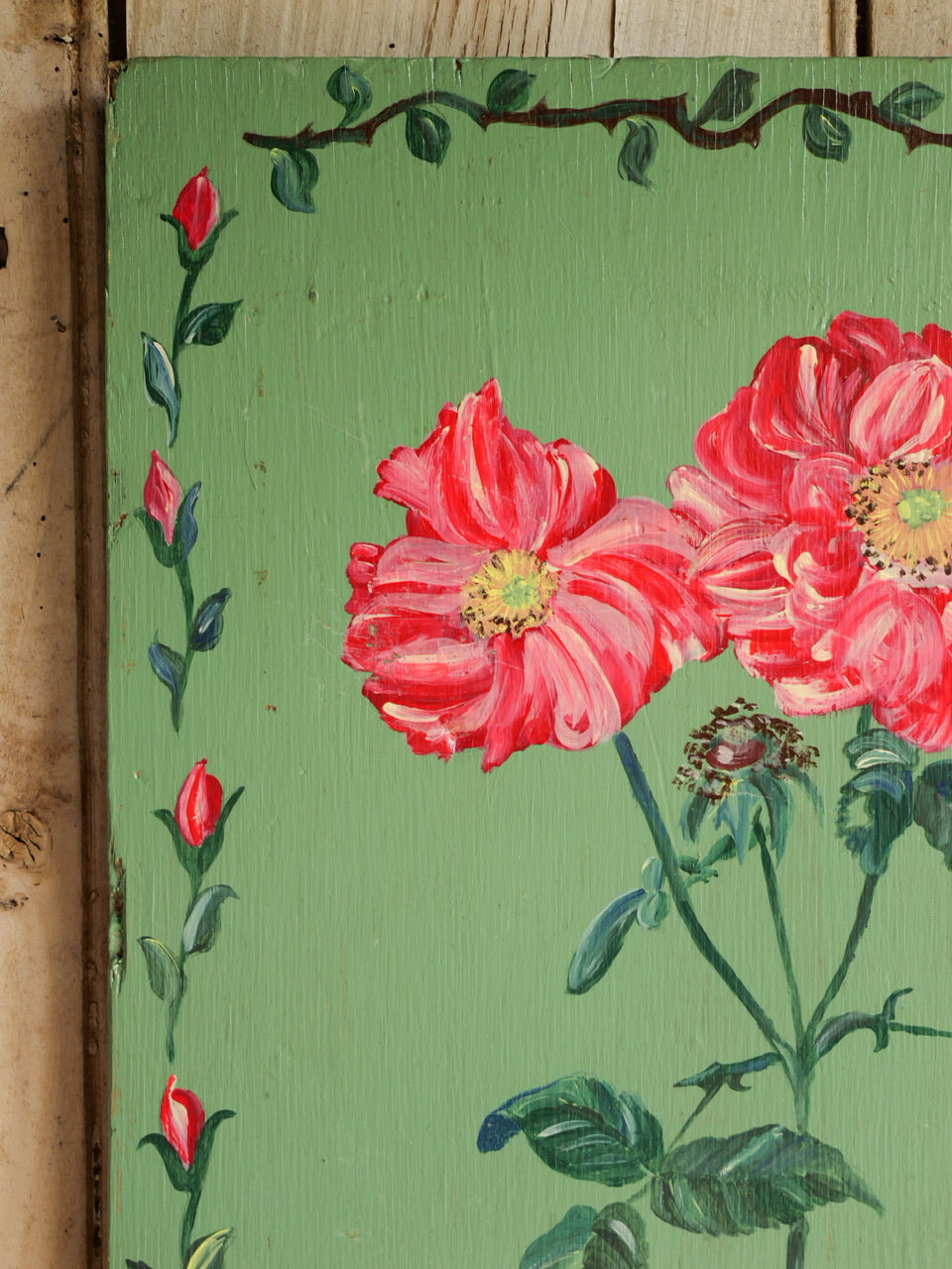 Vintage Folk Style ‘Peony’ Painted Wood Panel