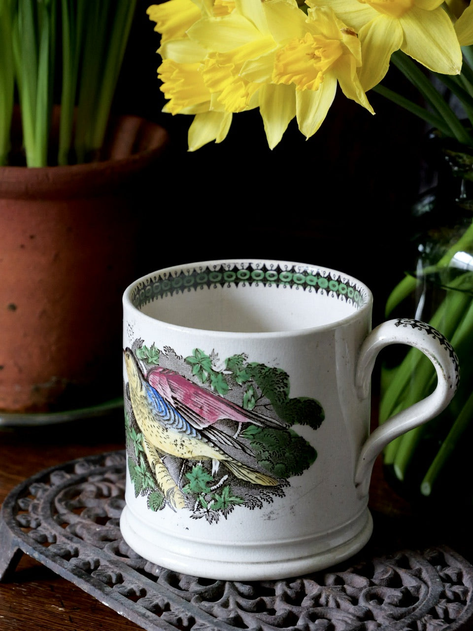 19th Century Hand Coloured Bird Mug