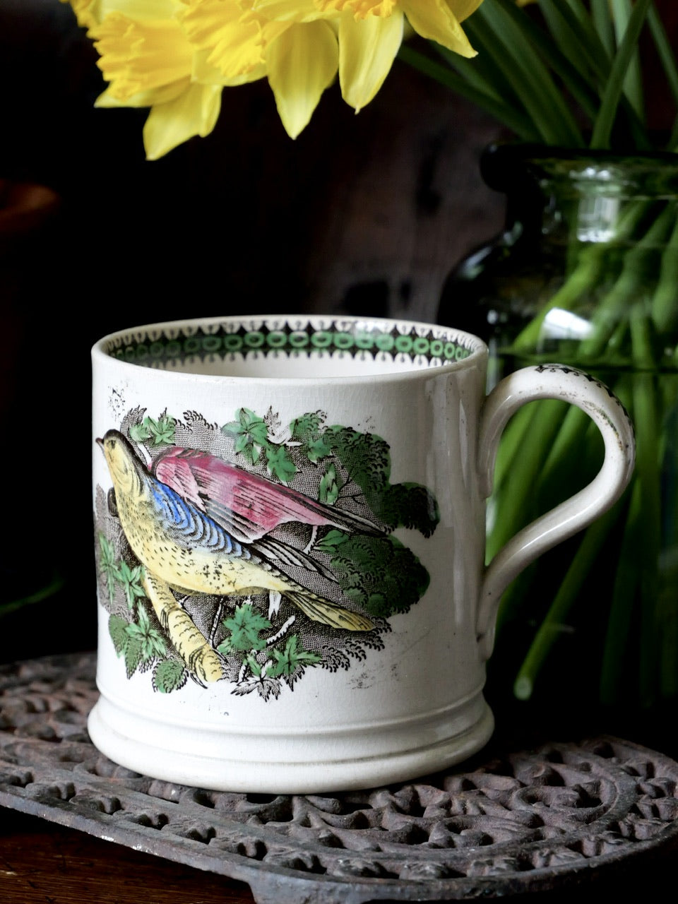 19th Century Hand Coloured Bird Mug