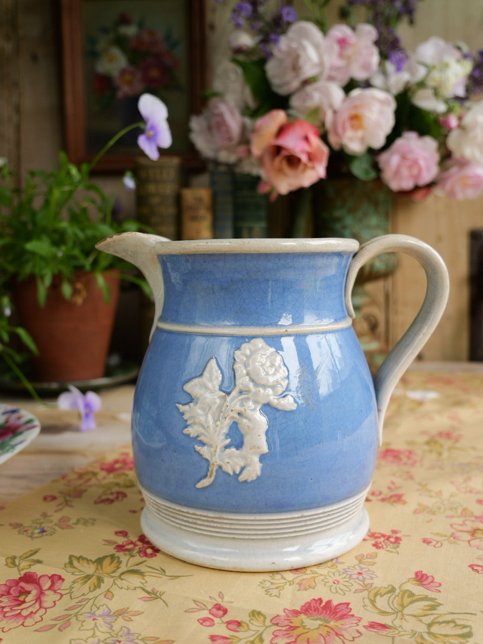Antique Blue Relief Moulded Floral Sprig Jug