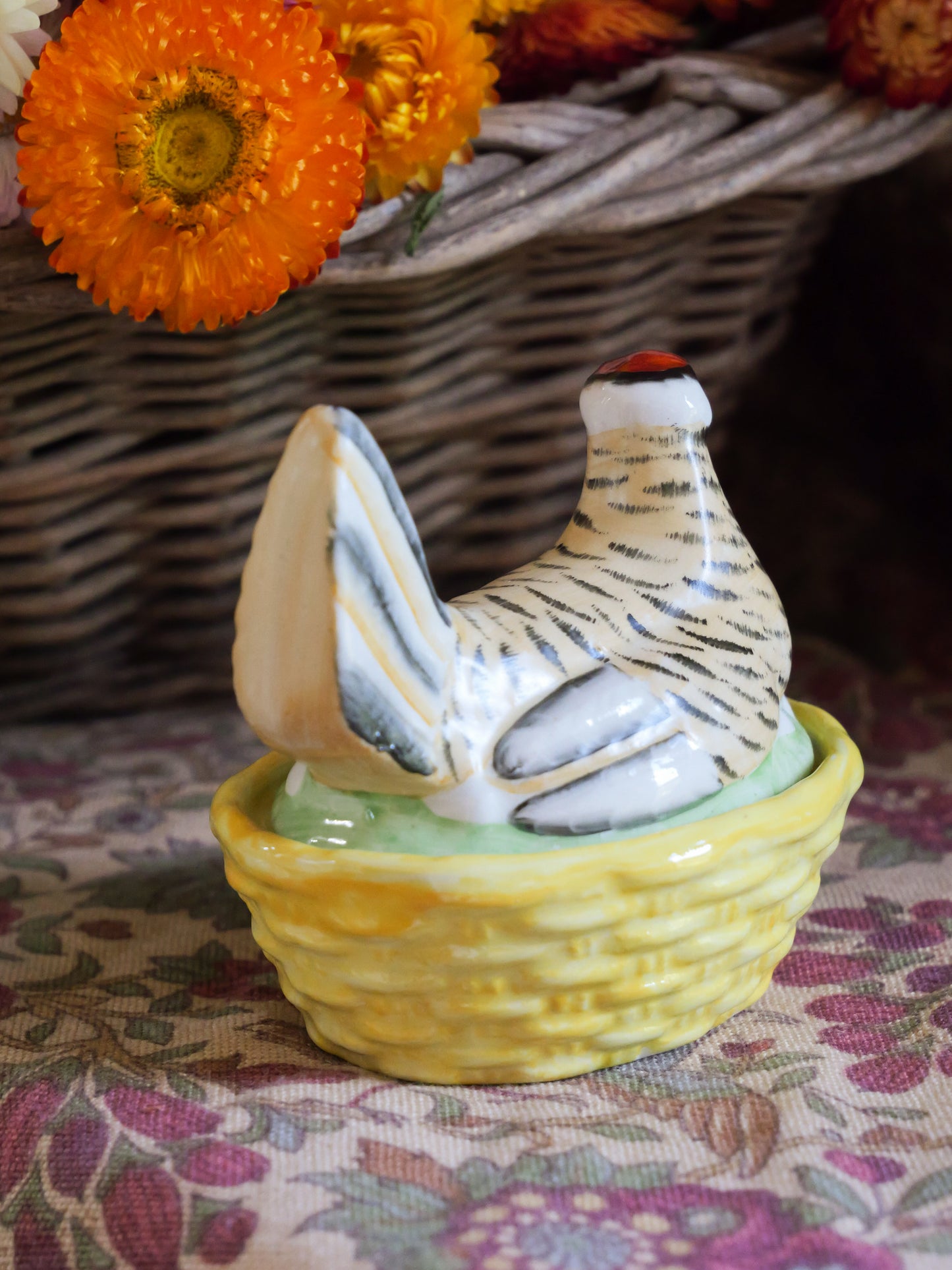 Tiny Antique Staffordshire Hand Painted Hen Basket Tureen