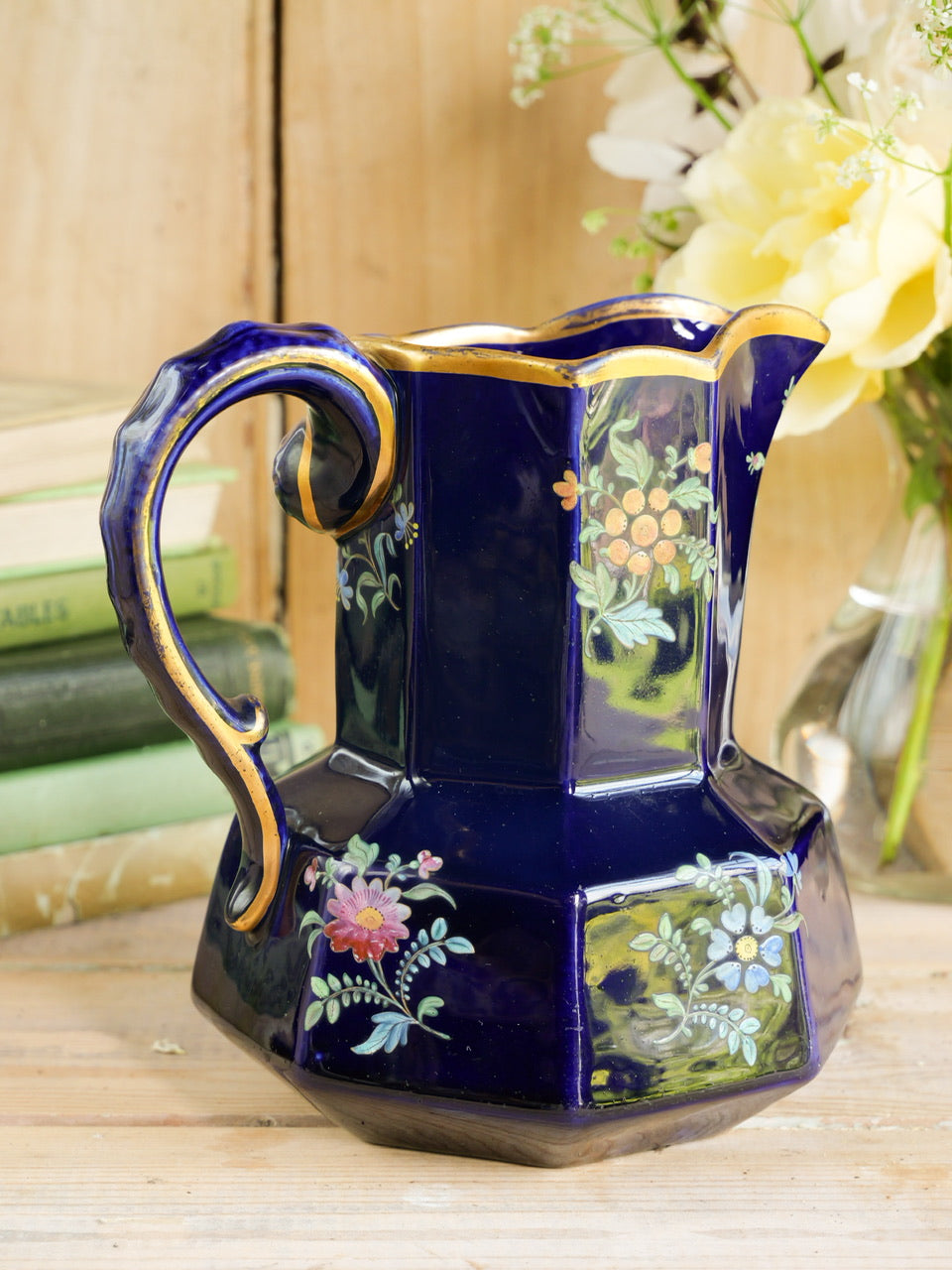Deep Blue Georgian Enamel Painted Floral Hydra Jug