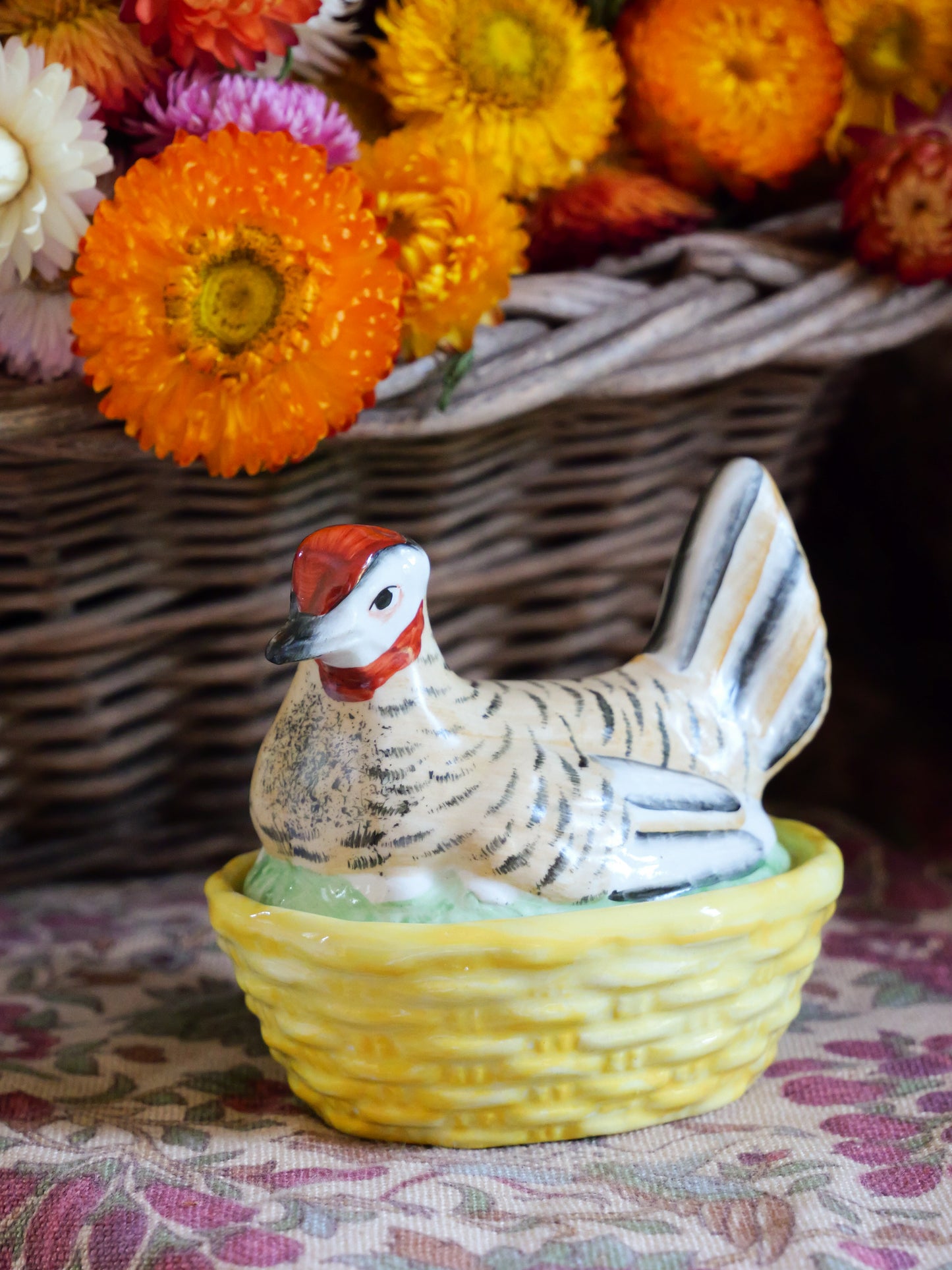 Tiny Antique Staffordshire Hand Painted Hen Basket Tureen