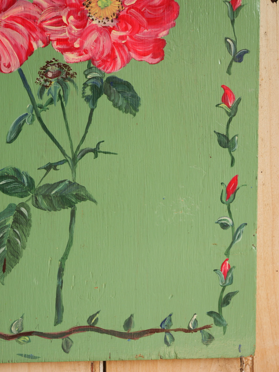 Vintage Folk Style ‘Peony’ Painted Wood Panel