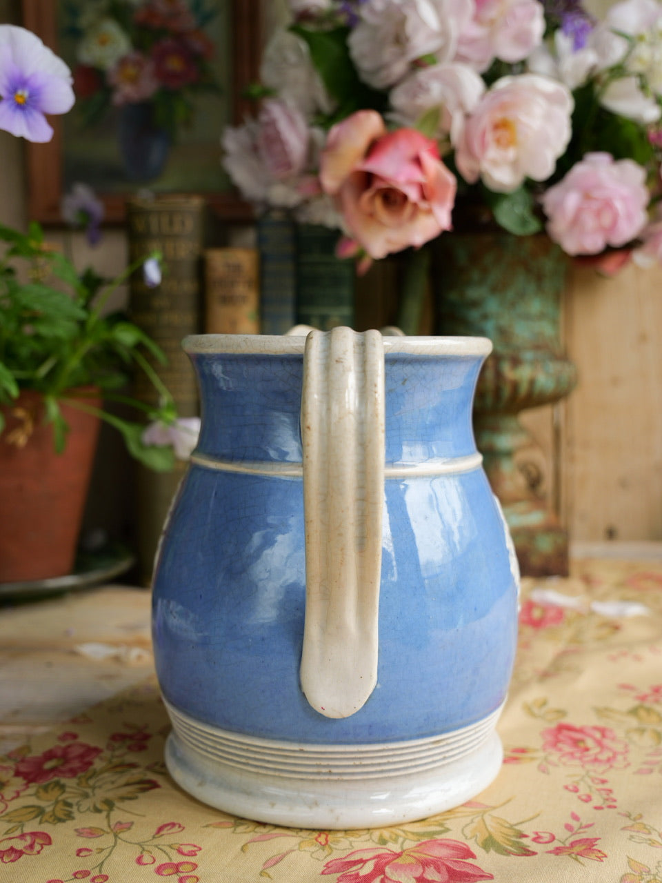 Antique Blue Relief Moulded Floral Sprig Jug