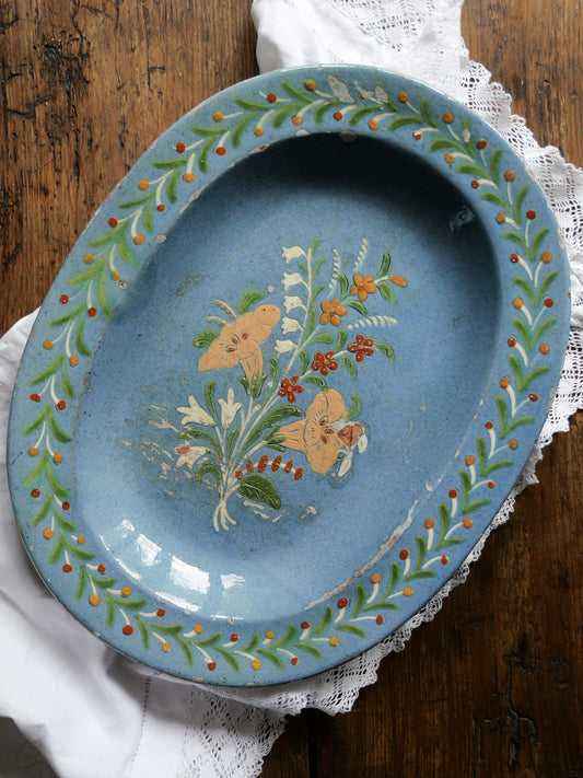 Rustic Antique Hand Painted Floral Folk Art Platter