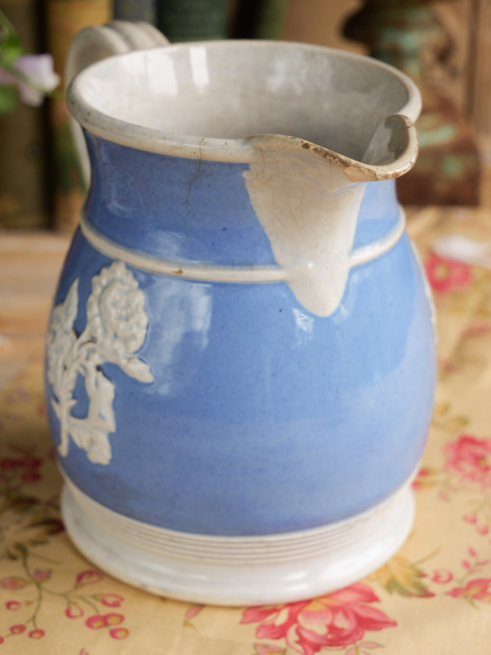 Antique Blue Relief Moulded Floral Sprig Jug