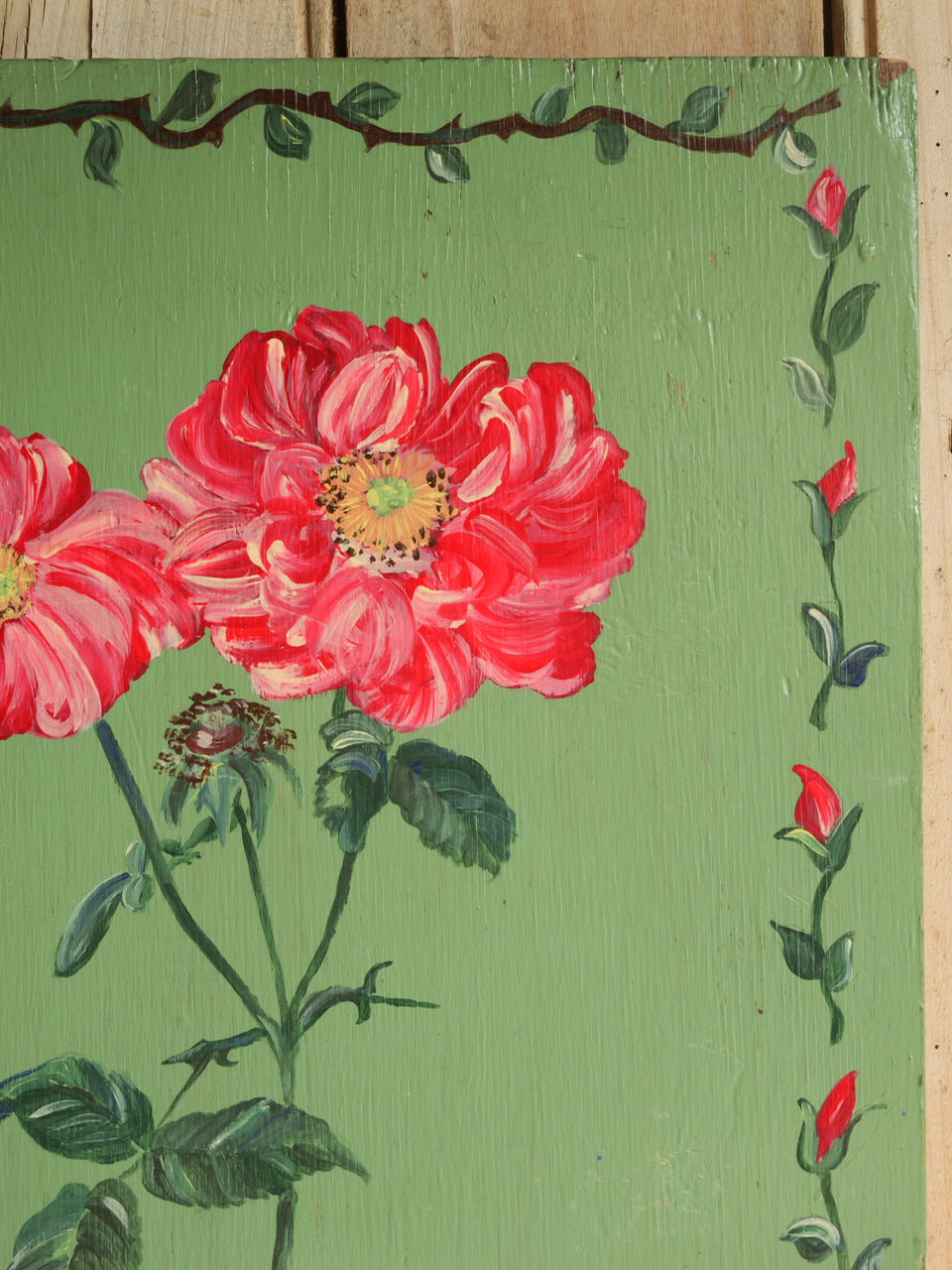 Vintage Folk Style ‘Peony’ Painted Wood Panel